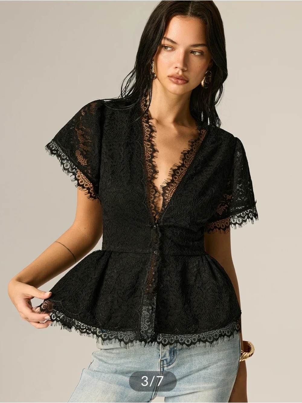 Commens V Neck Lace Peplum Short Sleeve Top - Picture 3 of 10